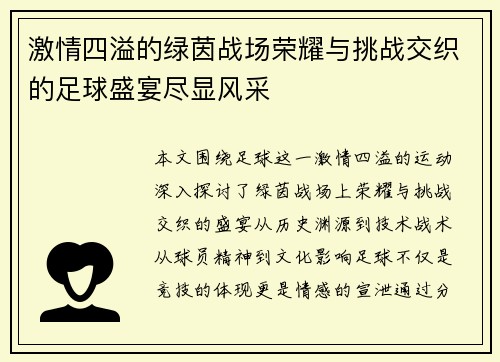 激情四溢的绿茵战场荣耀与挑战交织的足球盛宴尽显风采